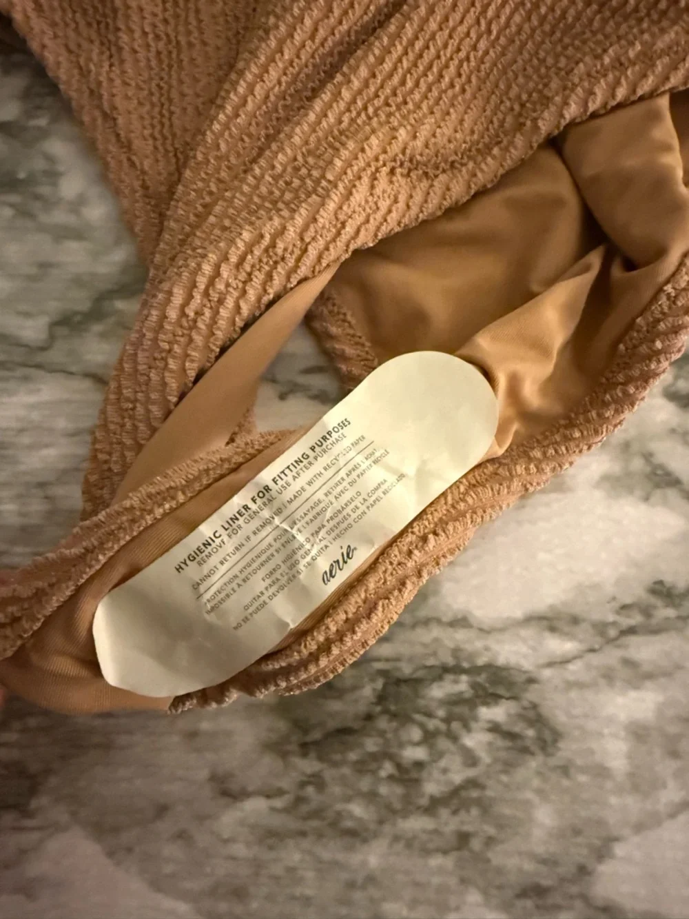 NWT Aerie Shimmery Crinkle Birthday Scoop Cheekiest One Piece w Buckle Tan large - Picture 5 of 6